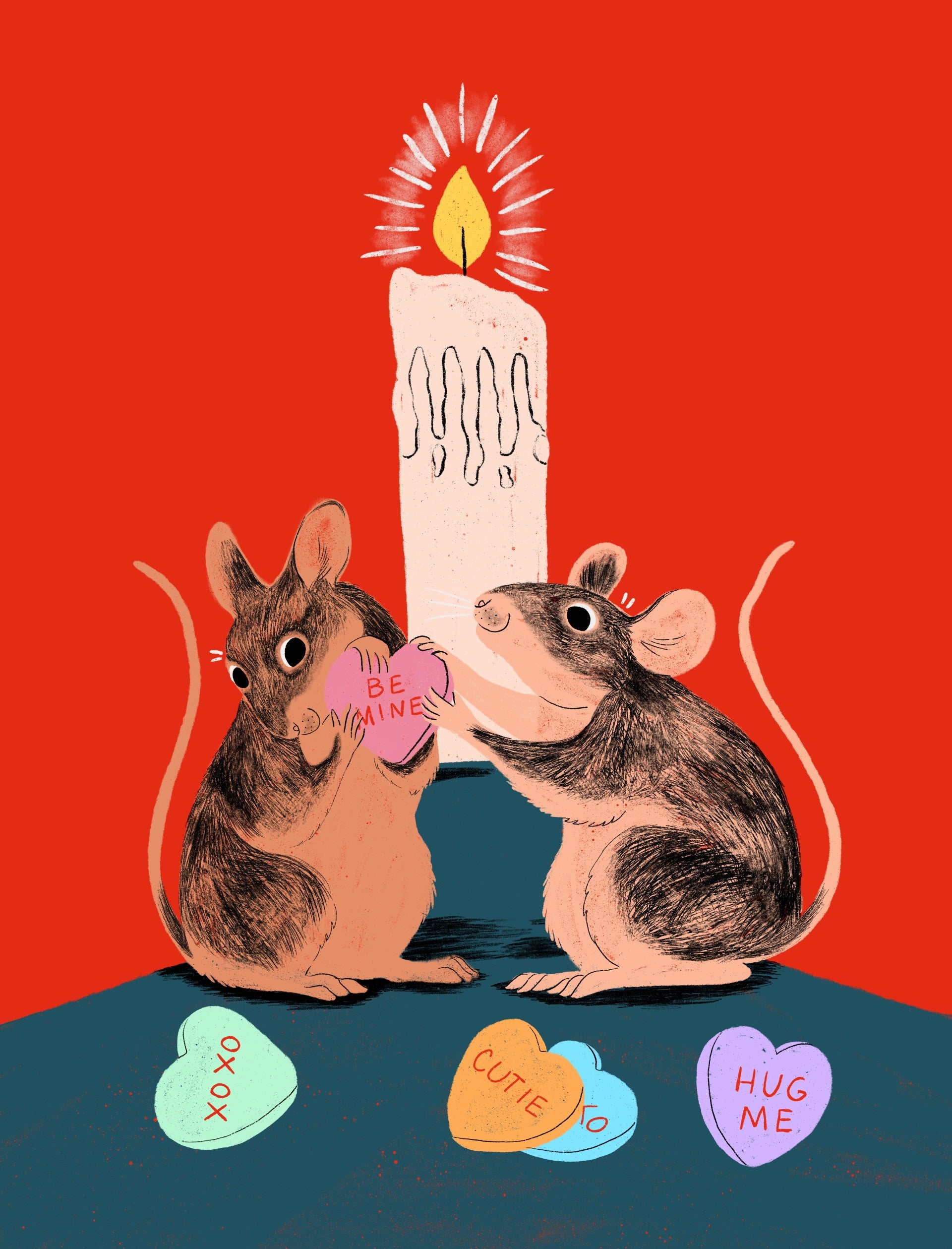 Two mice with a candle and Valentine's Day cards on a red and blue background
